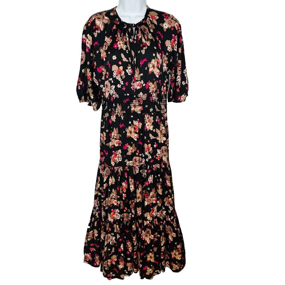 Kate Spade Floral Midi Dress S Black Multi Peasant Tiered Flowers Animals Flowy‎